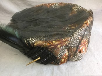 NL, Multi-color, Brown, Caramel Brown, Black, White, Feathers, Cylindrical Feather Covered Hat, Black Sheer Mesh Outer Layer, Large Black Feathers at Side, Made To Order