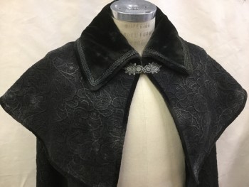 Unisex, Historical Fiction Cape, MTO, Black, Silver, Cotton, Polyester, Abstract , Solid, Mens, Aged/Distressed, Textured Fabric, Metal Clasp at Neck, Braid Applique, Shorter Length