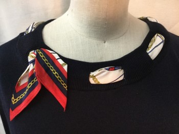 TALBOTS, Navy Blue, White, Red, Yellow, Cotton, Tencel, Solid, Novelty Pattern, Round Neck,  with Nautical Themed Scarf Woven Through, Long Sleeves,