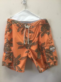J.CREW, Orange, Olive Green, Polyester, Hawaiian Print, Light Gray Lacing/Ties at Center Front, Velcro Closure at Fly, 3 Pockets Including 2 Cargo Pockets at Hips, 9" Inseam