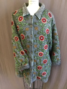 PAPILLION, Dk Blue, Forest Green, Lt Green, Red Burgundy, Tan Brown, Cotton, Novelty Pattern, Floral, Quilt-like, Collar Attached, Button Front, Long Sleeves, Solid Back