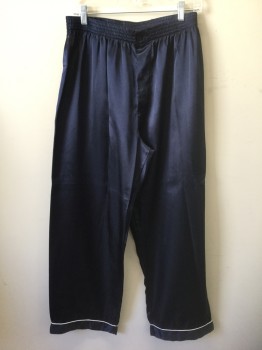 ALEXANDER DEL ROSSA, Navy Blue, White, Polyester, Solid, Satin, White Piping at Hems, Elastic Waist, Button Fly