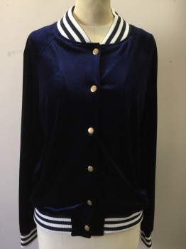 HONEY PUNCH, Navy Blue, Polyester, Spandex, Solid, Stripes, Navy Velvet, Snap Front, Raglan Long Sleeves, White/Navy Stripe Ribbed Knit Collar/Cuff/Waistband