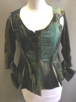 N/L, Black, Sea Foam Green, Olive Green, Cotton, Abstract , Faded, Renaissance Inspired Bodice, Black with Seafoam and Olive Bleach Splatter Pattern, Bodice Has 3/4 Sleeves Sewn to Shoulders (Appears to Be Tie On/Removable), Scoop Neck, Black Embossed Buttons at Front (**Missing Many), Vertical Hanging Tabs at Waist
