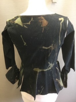N/L, Black, Sea Foam Green, Olive Green, Cotton, Abstract , Faded, Renaissance Inspired Bodice, Black with Seafoam and Olive Bleach Splatter Pattern, Bodice Has 3/4 Sleeves Sewn to Shoulders (Appears to Be Tie On/Removable), Scoop Neck, Black Embossed Buttons at Front (**Missing Many), Vertical Hanging Tabs at Waist