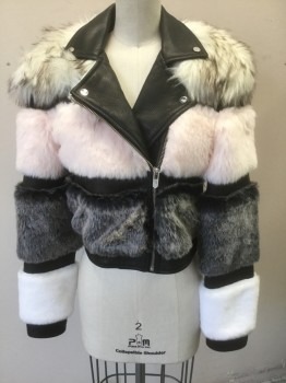 THE MIGHTY CO, Black, Lt Pink, Dk Gray, White, Dk Brown, Leather, Faux Fur, Solid, Black Leather Base, with 4Tiers of Faux Fur, White with Dark Brown Tips, Light Pink, Dark Gray, and White at Bottom, Moto Style Collar and Zippers, High End Luxury Item