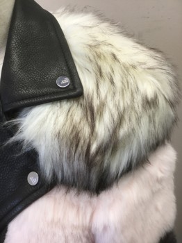 THE MIGHTY CO, Black, Lt Pink, Dk Gray, White, Dk Brown, Leather, Faux Fur, Solid, Black Leather Base, with 4Tiers of Faux Fur, White with Dark Brown Tips, Light Pink, Dark Gray, and White at Bottom, Moto Style Collar and Zippers, High End Luxury Item
