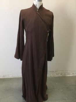Unisex, Sci-Fi/Fantasy Robe, MTO, Dk Brown, Linen, Solid, 36, Stand Collar, Cross Over with Tie, Wide Long Sleeves, Open Sides