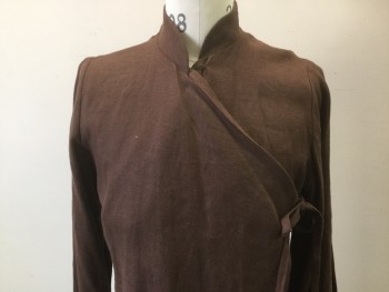 Unisex, Sci-Fi/Fantasy Robe, MTO, Dk Brown, Linen, Solid, 36, Stand Collar, Cross Over with Tie, Wide Long Sleeves, Open Sides