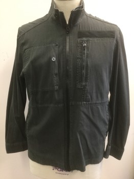 G STAR RAW, Faded Black, Cotton, Solid, Denim, Zip Front, Stand Collar, Various Panels/Seams Throughout, 3 Pockets, No Lining