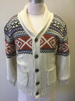 Childrens, Cardigan Sweater, GYMBOREE, Ecru, Terracotta Brown, French Blue, Black, Cotton, Fair Isle, M 7/8, Boys, Ecru with Terracotta/French Blue/Black Fairisle Pattern at Shoulders, Knit, Shawl Lapel, Long Sleeves, 5 Buttons, 2 Patch Pockets