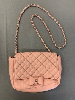 BETSEY JOHNSON, Lt Pink, Metallic, Silver, Polyester, Diamonds, Pink with Silver Metallic Quilted, Pink Bow Closure, Silver and Pink Braided Strap