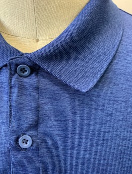 UNIQLO, Dk Blue, Cornflower Blue, Polyester, Heathered, Stripes - Horizontal , Stretchy Material, Thin Stripes at Center of Torso, Short Sleeves, Rib Knit Collar Attached, 2 Button Placket, Triples **Barcode Under Button Placket