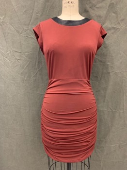 BCBG, Maroon Red, Polyester, Spandex, Solid, Black Contrasting Scoop Collar, Cap Sleeve, Skirt Gathered at Side Seams, Open Back, Snap Triangular Back with Straps, Black Trim