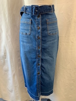 ZARA, Denim Blue, Cotton, 2PC with Matching Belt, 2 Front Patch Pockets, Button Front, Raw Edge