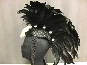 Unisex, Sci-Fi/Fantasy Headpiece, MISS G DESIGNS, Black, Ivory White, Silver, Feathers, Leather, 'Tina Turner' ish Headpiece, Beyond The Thunderdome, Black Coque Feathers, Black Mink Fur, Ivory Real Animal Skull, Silver Brads, Leather Crown, Macramé Tassels With Wood Beads And Feathers