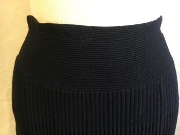 REBECCA TAYLOR, Black, Rayon, Polyester, Solid, 3" Horizontal Knit Ribbed Waistband and 1" Hem, Gradually Larger Vertical Ribbed Skirt