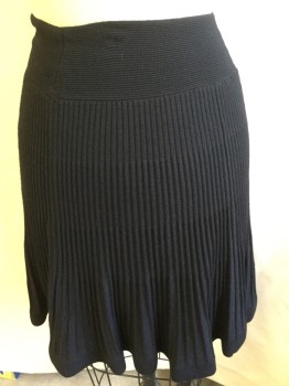 REBECCA TAYLOR, Black, Rayon, Polyester, Solid, 3" Horizontal Knit Ribbed Waistband and 1" Hem, Gradually Larger Vertical Ribbed Skirt