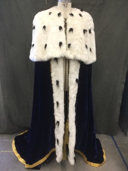 Unisex, Historical Fiction Cape, HILARY WILI, Dk Blue, White, Black, Gold, Black, Polyester, Cotton, L, Royal Mantle, Dark Blue Velvet, Gold Ribbon Trim, Faux Ermine (White with Black Spots) Trim, Faux Ermine Capelet Top, Black/Gold Braided Rope Front Closure with Large Gold Braided Tassels *Barcode is in Center Back Lining Pleat*