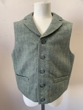 Childrens, Vest 1890s-1910s, MTO JOHN KRISTIANSEN, Sage Green, Moss Green, White, Red, Wool, Poly/Cotton, Heathered, Dots, C24", 5 Buttons, 2 Pockets, Notch Collar, Adjustable Back Belt with Buckle, Multiple