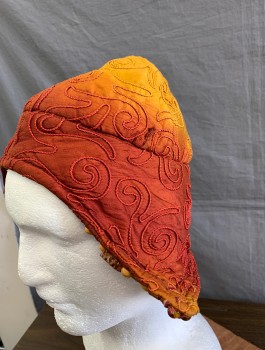 Unisex, Sci-Fi/Fantasy Hat, N/L MTO, Rust Orange, Goldenrod Yellow, Brown, Silk, Beaded, Ombre, Swirl , Coif Style Hat, Ombre Silk with Swirled Couching Embroidery, Ear Flaps with Solid Brown Shantung Silk Underside, Assorted Brown/Amber Beads at Edge, Historical Fantasy Made To Order