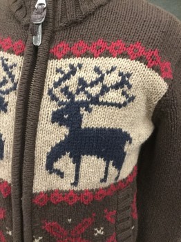 Childrens, Cardigan Sweater, GAP, Dk Brown, Red, Tan Brown, Navy Blue, Cotton, Nylon, Color Blocking, Holiday, 4-7, Zip Front, Dark Brown with Tan Chest Panel, Red Diamond Stripes, Navy Reindeer, 2 Pockets, Ribbed Knit Neck/Waistband/Cuff/Pocket, Christmas