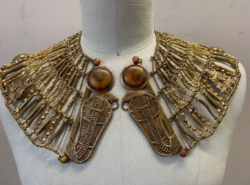Unisex, Historical Fiction Collar, Gold, Metallic/Metal, Beaded, Gold Beaded, 2 Large Cobra Shaped Metal Plates in Front with Large Amber Stones, Metal Scarab Beetles Throughout, Made To Order, **Missing Clasp in Front