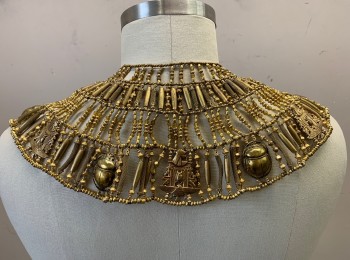 Unisex, Historical Fiction Collar, Gold, Metallic/Metal, Beaded, Gold Beaded, 2 Large Cobra Shaped Metal Plates in Front with Large Amber Stones, Metal Scarab Beetles Throughout, Made To Order, **Missing Clasp in Front
