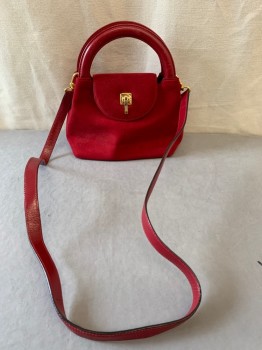 ST. JOHN'S , Red Burgundy, Suede, Leather, Gold Metal Hardware, Flap & Button Closure, Rounded Handle & Removable Cross Body Strap