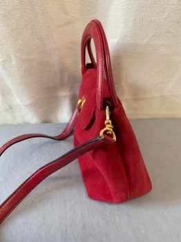 ST. JOHN'S , Red Burgundy, Suede, Leather, Gold Metal Hardware, Flap & Button Closure, Rounded Handle & Removable Cross Body Strap