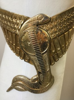 Mens, Historical Fict. Breastplate , MTO, Gold, Metallic/Metal, Leather, 40/42, Gold Collar with Falcon Heads, Heads Are Missing Hooks for Attachment, Gold Wings Wrap the Right Side of the Body with a Cobra Snake in the Center. Adjustable Leather Strap a Left Shoulder.