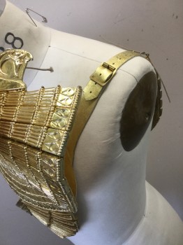 Mens, Historical Fict. Breastplate , MTO, Gold, Metallic/Metal, Leather, 40/42, Gold Collar with Falcon Heads, Heads Are Missing Hooks for Attachment, Gold Wings Wrap the Right Side of the Body with a Cobra Snake in the Center. Adjustable Leather Strap a Left Shoulder.