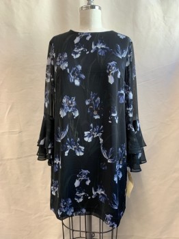 H&M, Black, Navy Blue, Blue, Brown, Dk Green, Polyester, Floral, Round Neck,  Long Sleeves with Ruffles,