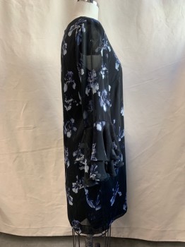 Womens, Dress, Long & 3/4 Sleeve, H&M, Black, Navy Blue, Blue, Brown, Dk Green, Polyester, Floral, 14, Round Neck,  Long Sleeves with Ruffles,