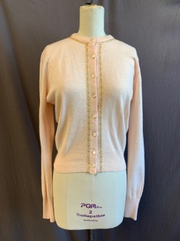 Womens, Sweater, SAKS FIFTH AVENUE, Baby Pink, Antique Gold Metallic, Lt Pink, Beige, Cashmere, Solid, Floral, W24, B34, CARDIGAN, Crew Neck, 8 Pearl Like Buttons Down Front, Gold and Pink Floral Trim Down Front and on Back of Neck *4th Button is Broken*