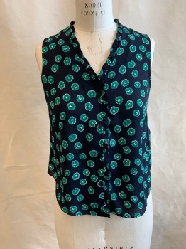 WHISTLES, Black, Kelly Green, White, Polyester, Floral, Abstract , V-neck, Button Front, Sleeveless, Ruffled Neckline and Down Front, Pleated Back
