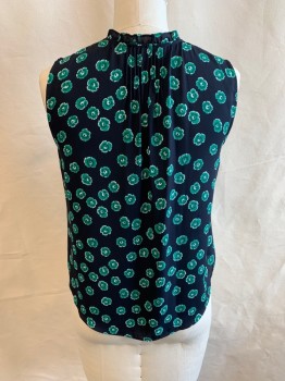 WHISTLES, Black, Kelly Green, White, Polyester, Floral, Abstract , V-neck, Button Front, Sleeveless, Ruffled Neckline and Down Front, Pleated Back