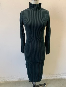 Womens, Dress, Long & 3/4 Sleeve, FRENCH CONNECTION, Forest Green, Black, Viscose, Polyester, Stripes - Vertical , Sz.0, Ribbed Sweater Knit with Alternating Forest Green/Black, Mock Neck, Fitted, Hem Below Knee