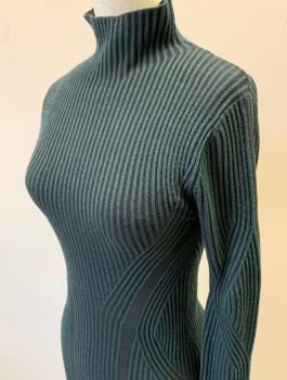 FRENCH CONNECTION, Forest Green, Black, Viscose, Polyester, Stripes - Vertical , Ribbed Sweater Knit with Alternating Forest Green/Black, Mock Neck, Fitted, Hem Below Knee
