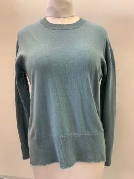THEORY, Blue-Gray, Cashmere, Solid, L/S, Crew Neck, Side Slits