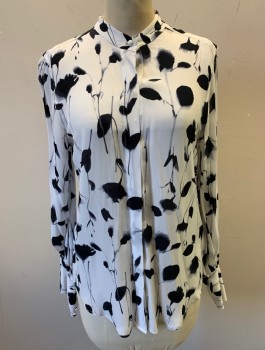 EQUIPMENT, White, Black, Viscose, Floral, Silhouettes of Flowers Pattern, Chiffon, Long Sleeves, Button Front, Band Collar, 5 Button Cuffs