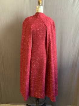 Womens, Dress, MTO, Dk Red, White, Wool, Heathered, W 28, B 34 , Long Sleeves, Zip Back, Band Collar, Attached Cape, Hem Below Knee, Back Cape Snaps