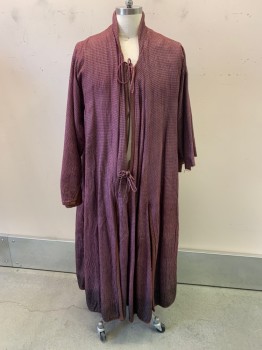 Mens, Historical Fiction Robe, MTO, Aubergine Purple, Red Burgundy, Synthetic, Wool, Grid , OS, Mandarin Collar, Tie Front, 2 Slits at Back, 1 Slit at Center Back, L/S, Floor Length Hem *Sleeves are Different Sizes (Left is Cut), Moth Holes on Back