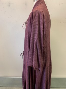 Mens, Historical Fiction Robe, MTO, Aubergine Purple, Red Burgundy, Synthetic, Wool, Grid , OS, Mandarin Collar, Tie Front, 2 Slits at Back, 1 Slit at Center Back, L/S, Floor Length Hem *Sleeves are Different Sizes (Left is Cut), Moth Holes on Back