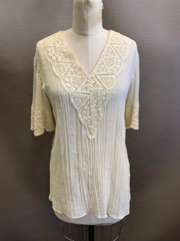 OAK HILL, Cream, Cotton, Solid, V-N, S/S, Textured, Floral Appliques on Neck and Sleeves
