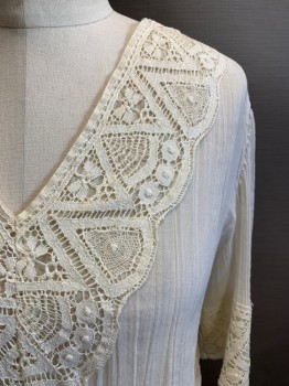 OAK HILL, Cream, Cotton, Solid, V-N, S/S, Textured, Floral Appliques on Neck and Sleeves