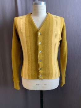 Mens, Sweater, PEPINS, Mustard Yellow, Ochre Brown-Yellow, Lt Yellow, Wool, Stripes - Vertical , S, V-neck, Single Breasted, Button Front, Long Sleeves