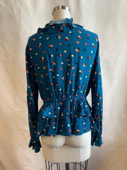 WHO WHAT WEAR, Teal Blue, Multi-color, Rayon, Polka Dots, Ruffled Band Collar, V-N, Tie at Neck, Elastic Waistband, 2 Tiers at Hem, L/S, Beige, Black, Red Polka Dots