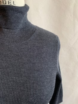 THEORY, Dk Gray, Wool, Solid, Heathered, Turtleneck, 3/4 Sleeves