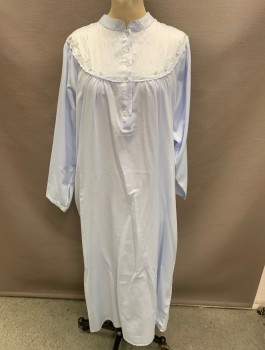 Womens, Nightgown, KAY ANNA, Sky Blue, White, Poly/Cotton, M, Pullover, Mandarin Collar, 1/4 Button Front, Green, White, & Baby Blue Floral Embroidery on Yoke, L/S, Hem at Ankle